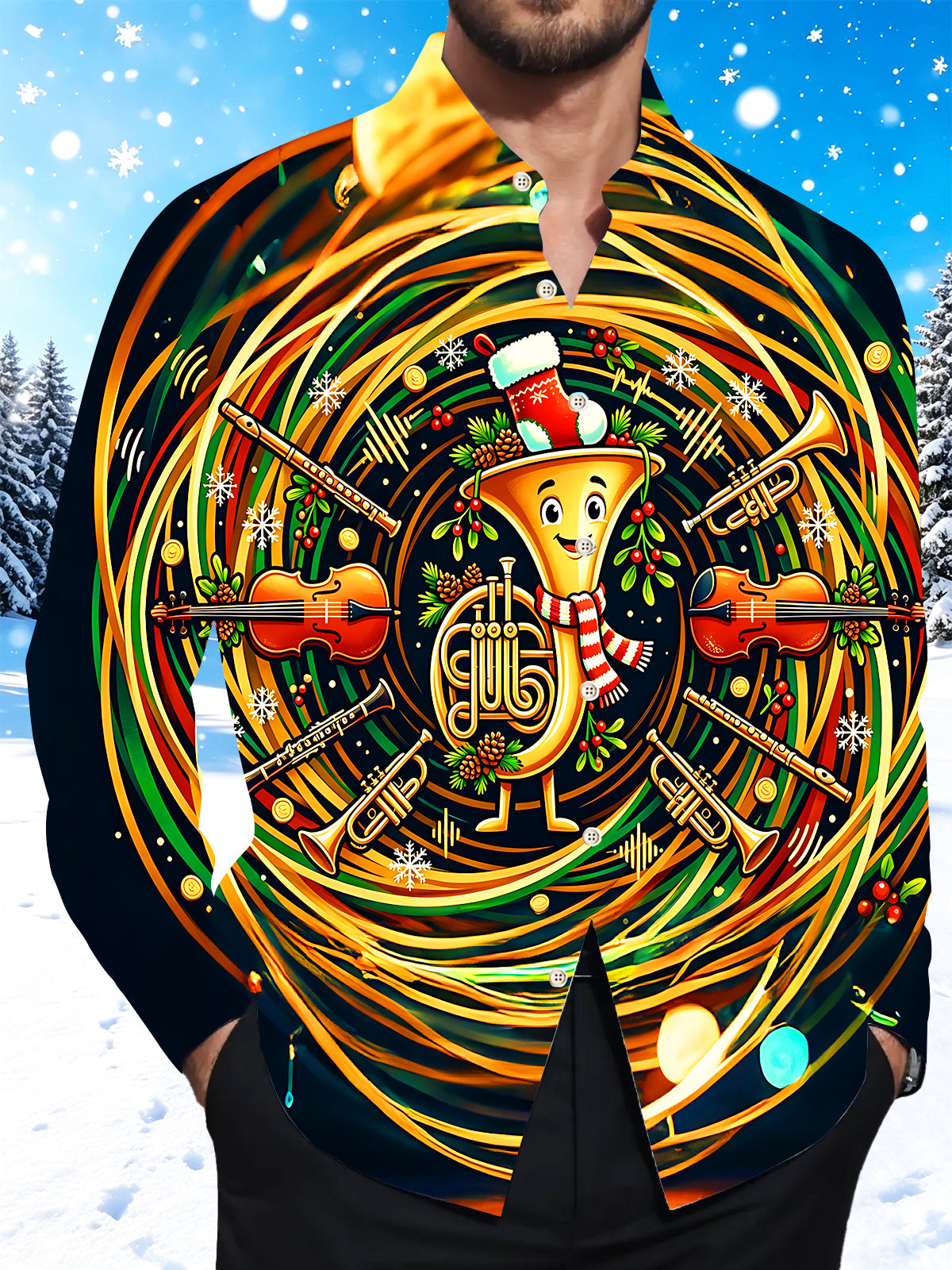 Adaychic Men's Graphic Christmas Musical Instruments Print Long Sleeve Shirt with Chest Pocket