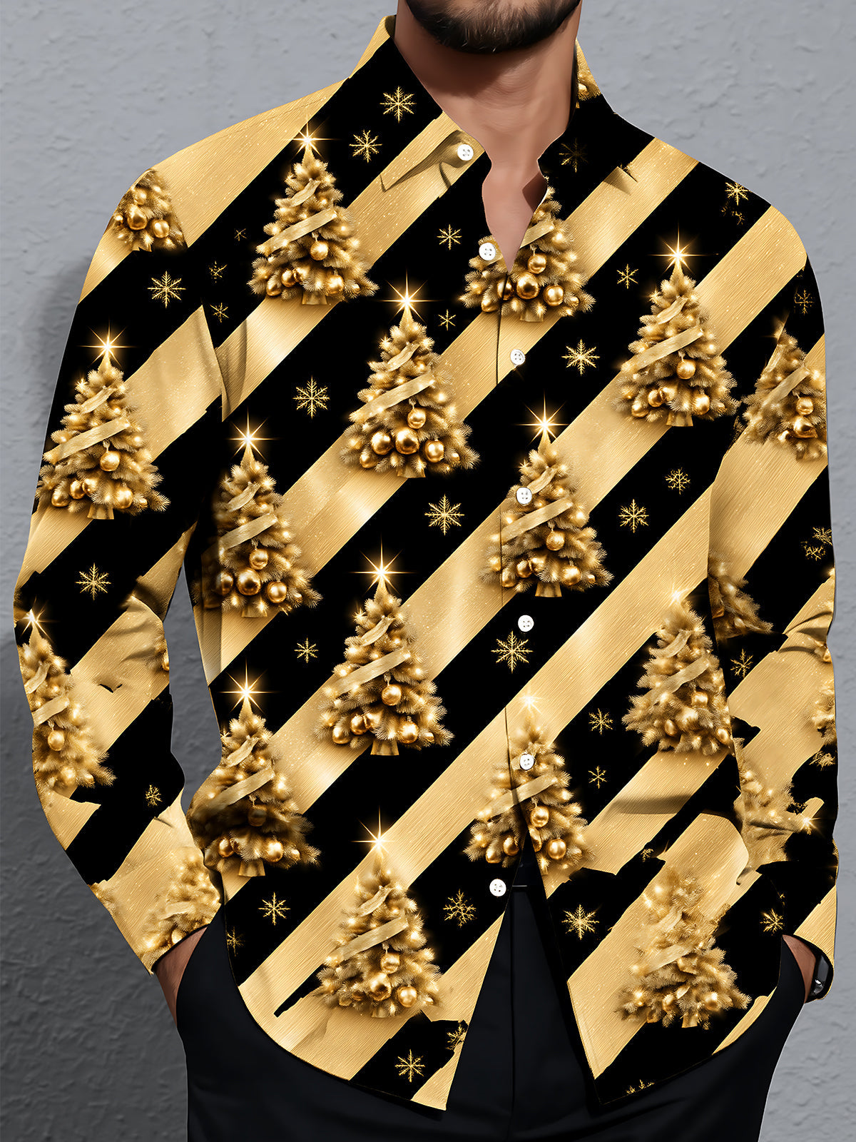 Adaychic Men's Long Sleeve Shirt - Gold Christmas Trees With Ornaments And Snowflakes Print with Chest Pocket