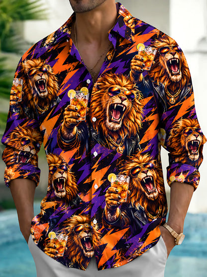 Adaychic Men's Hawaiian Lion With Sunglasses And Drink Print Long Sleeve Shirt with Chest Pocket