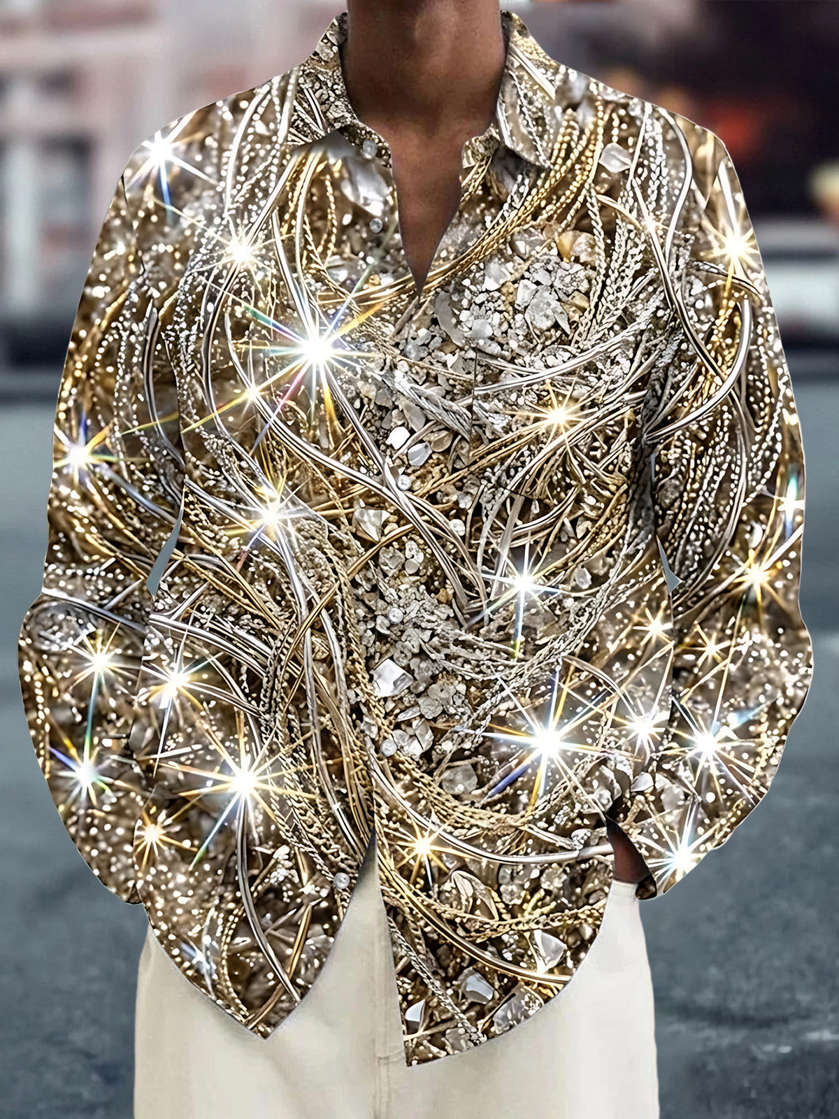 Adaychic Men's Printed Abstract Sparkle And Texture Print Long Sleeve Shirt