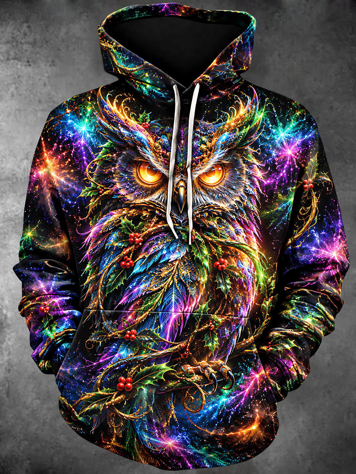 Adaychic Men's Printed Neon Galaxy Owl Print Long Sleeve Hoodie with Chest Pocket