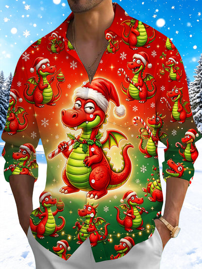 Adaychic Men's Long Sleeve Shirt - Cartoon Dragon With Santa Hat And Christmas Ornaments Print with Chest Pocket