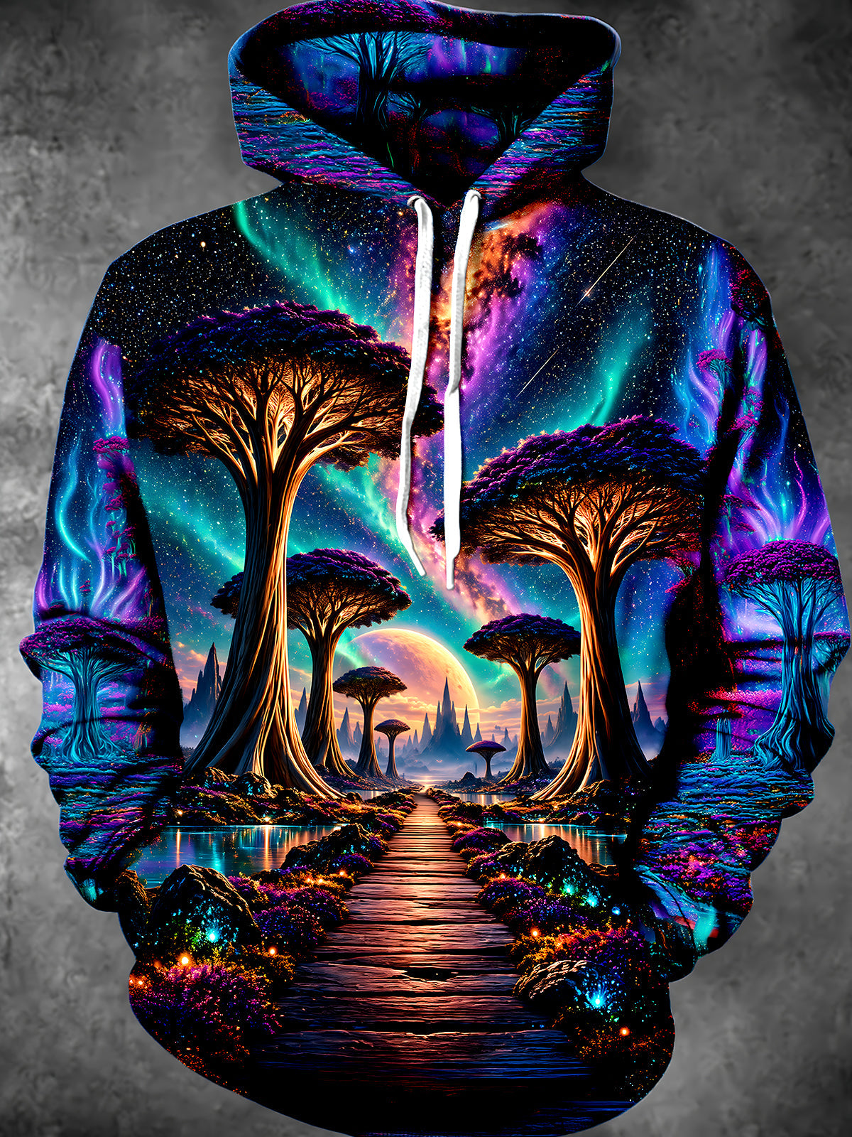 Adaychic Men's Long Sleeve Hoodie - Psychedelic Fantasy Landscape With Trees And Galaxy Sky Print