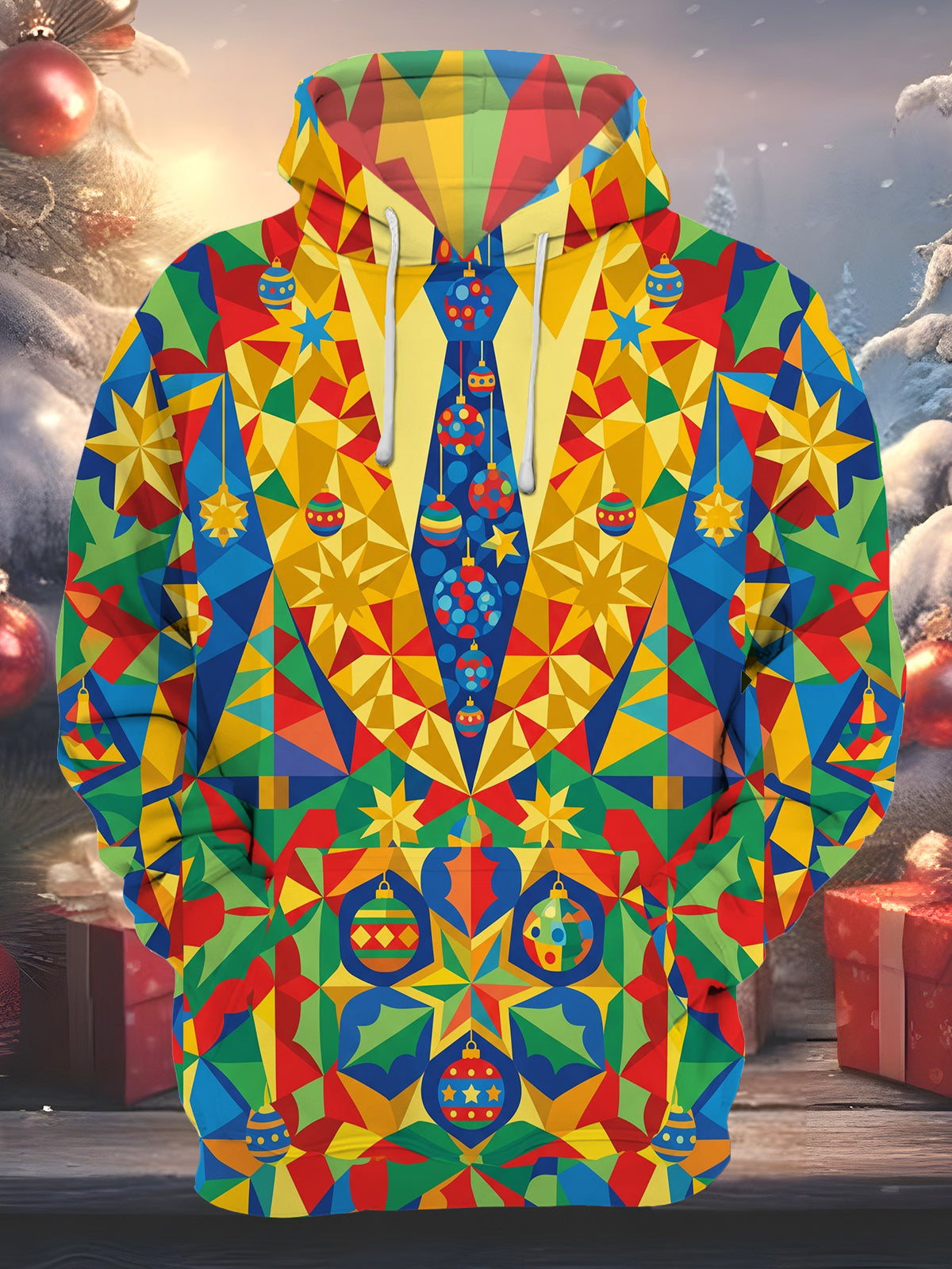 Adaychic Men's Patterned Geometric Christmas Pattern Long Sleeve Hoodie with Chest Pocket