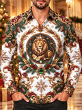 Adaychic Men's Crowned Lion And Christmas Wreath Print Long Sleeve Shirt with Chest Pocket