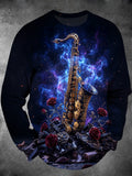 Adaychic Men's Long Sleeve Hoodie - Saxophone And Red Roses Against Starry Sky Print