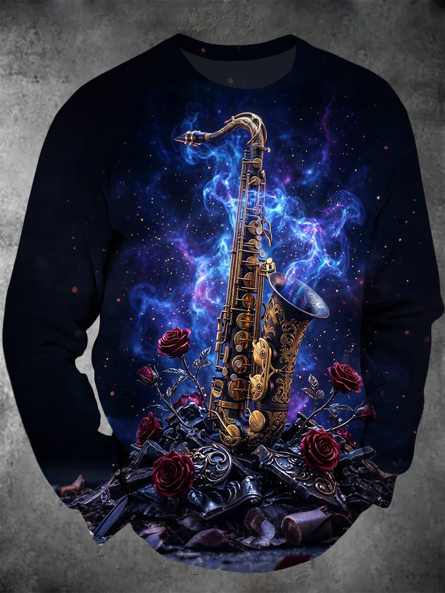Adaychic Men's Long Sleeve Hoodie - Saxophone And Red Roses Against Starry Sky Print
