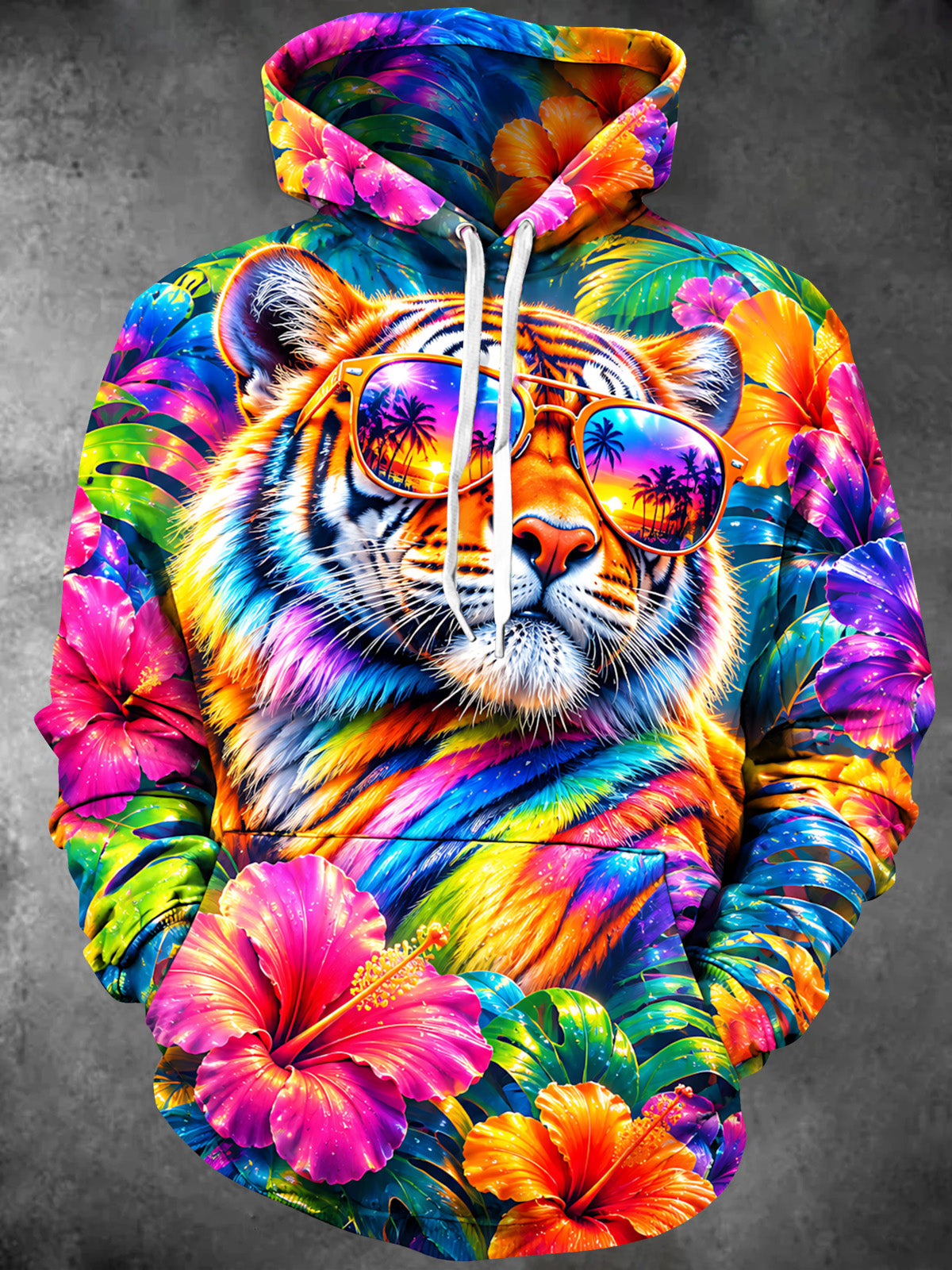 Adaychic Men's Long Sleeve Hoodie - Colorful Tiger With Sunglasses And Tropical Flowers Print