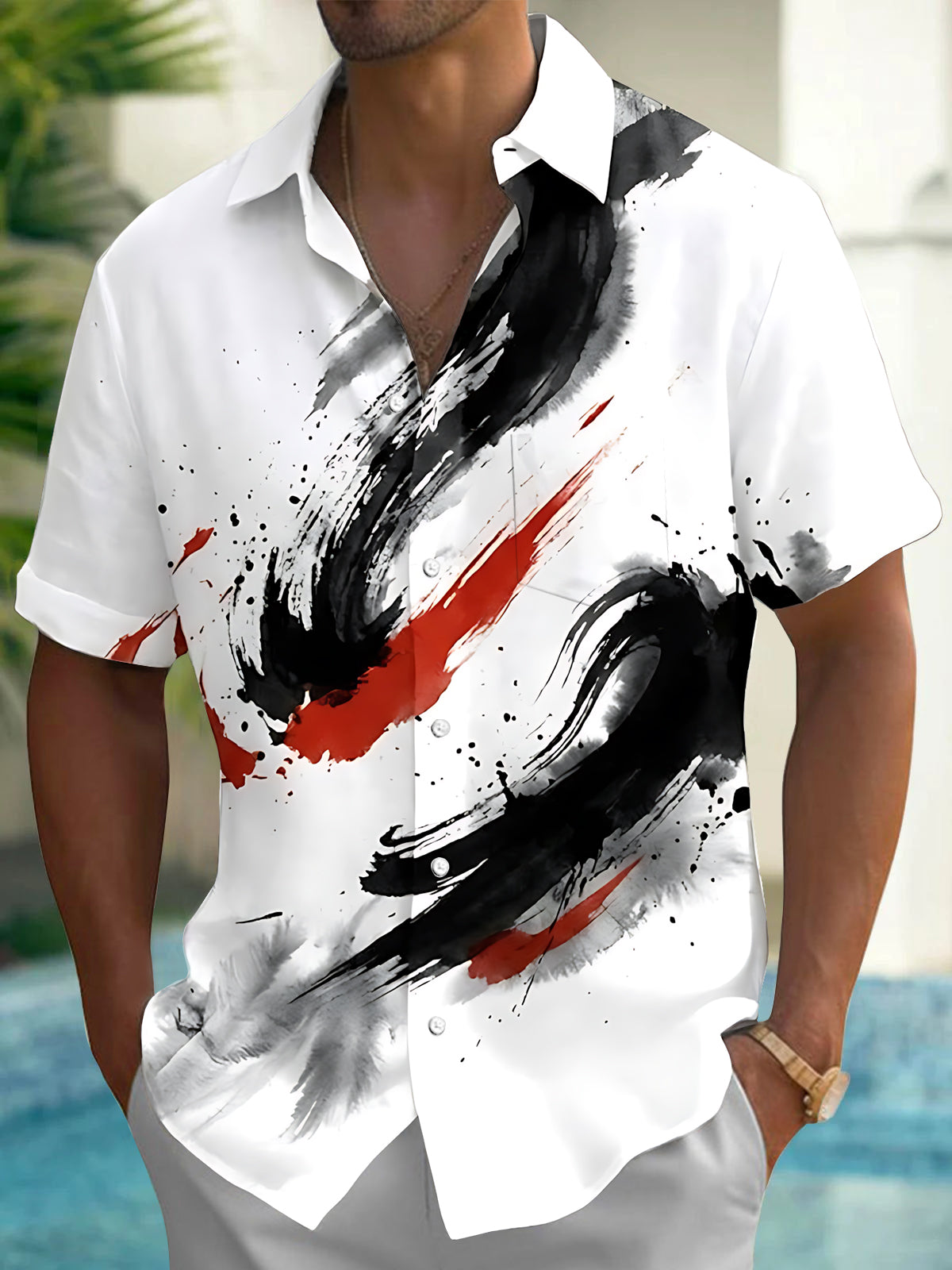 Adaychic Men's Printed Abstract Ink Brushstroke Print Short Sleeve Shirt with Chest Pocket