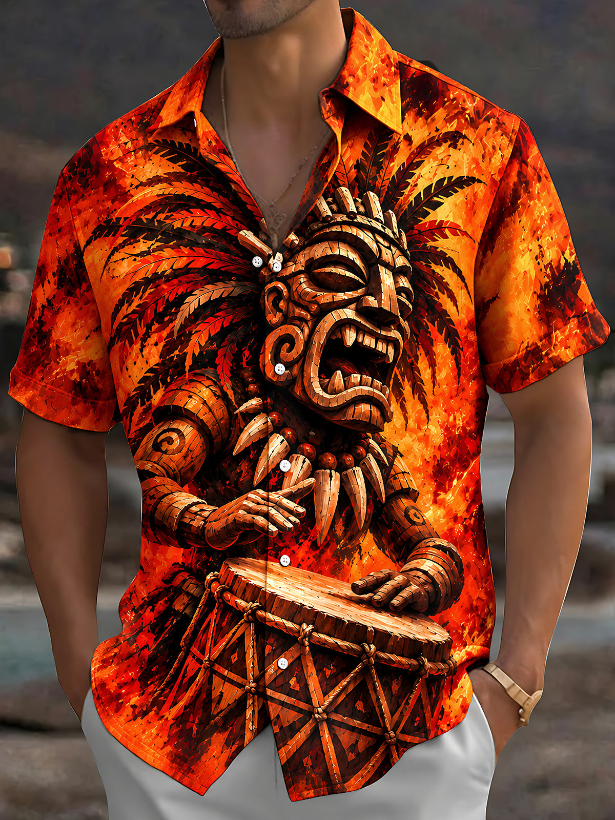 Adaychic Men's Hawaiian Tiki Mask And Drum Print Short Sleeve Shirt with Chest Pocket