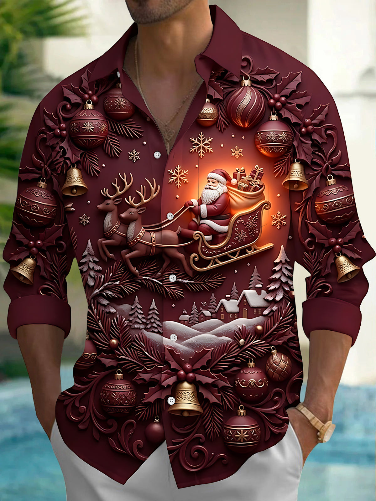 Adaychic Men's 3D Christmas Ornaments Print Long Sleeve Shirt with Chest Pocket