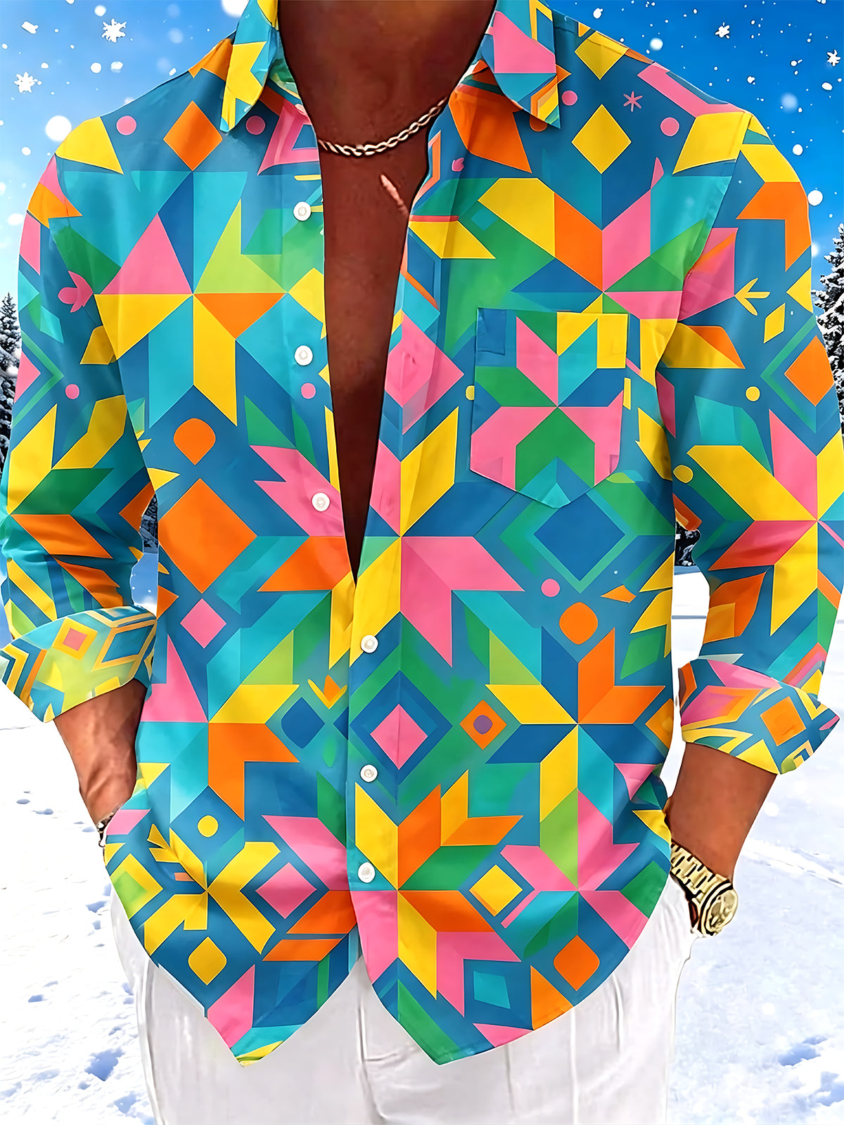 Adaychic Men's Printed Colorful Geometric Shapes Print Long Sleeve Shirt with Chest Pocket