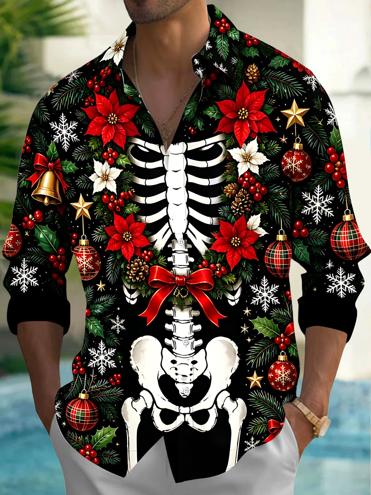 Adaychic Men's Skeleton Torso And Christmas Ornaments Print Long Sleeve Shirt with Chest Pocket