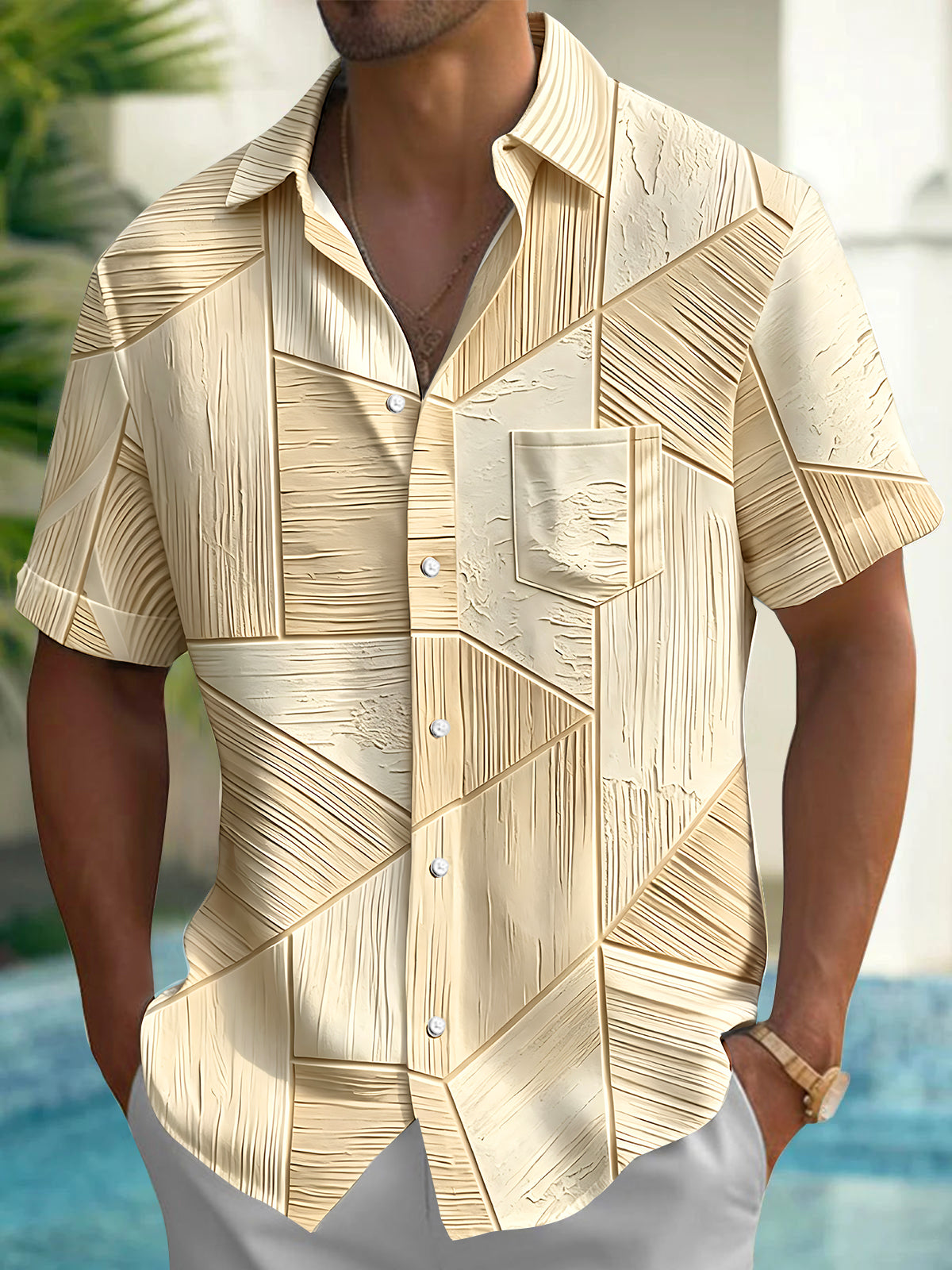 Adaychic Men's 3D 3D Wood Grain Geometric Mosaic Print Short Sleeve Shirt with Chest Pocket