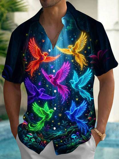 Adaychic Men's Hawaiian Neon Colorful Birds Print Short Sleeve Shirt with Chest Pocket