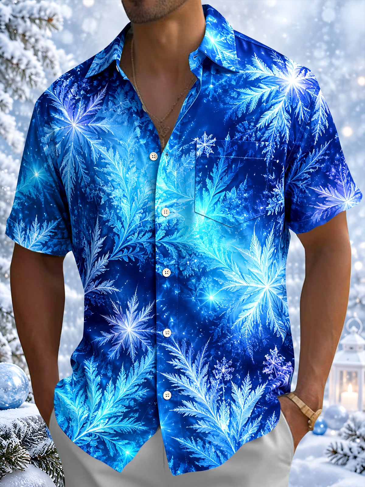 Adaychic Men's Printed Snowflakes Print Short Sleeve Shirt with Chest Pocket