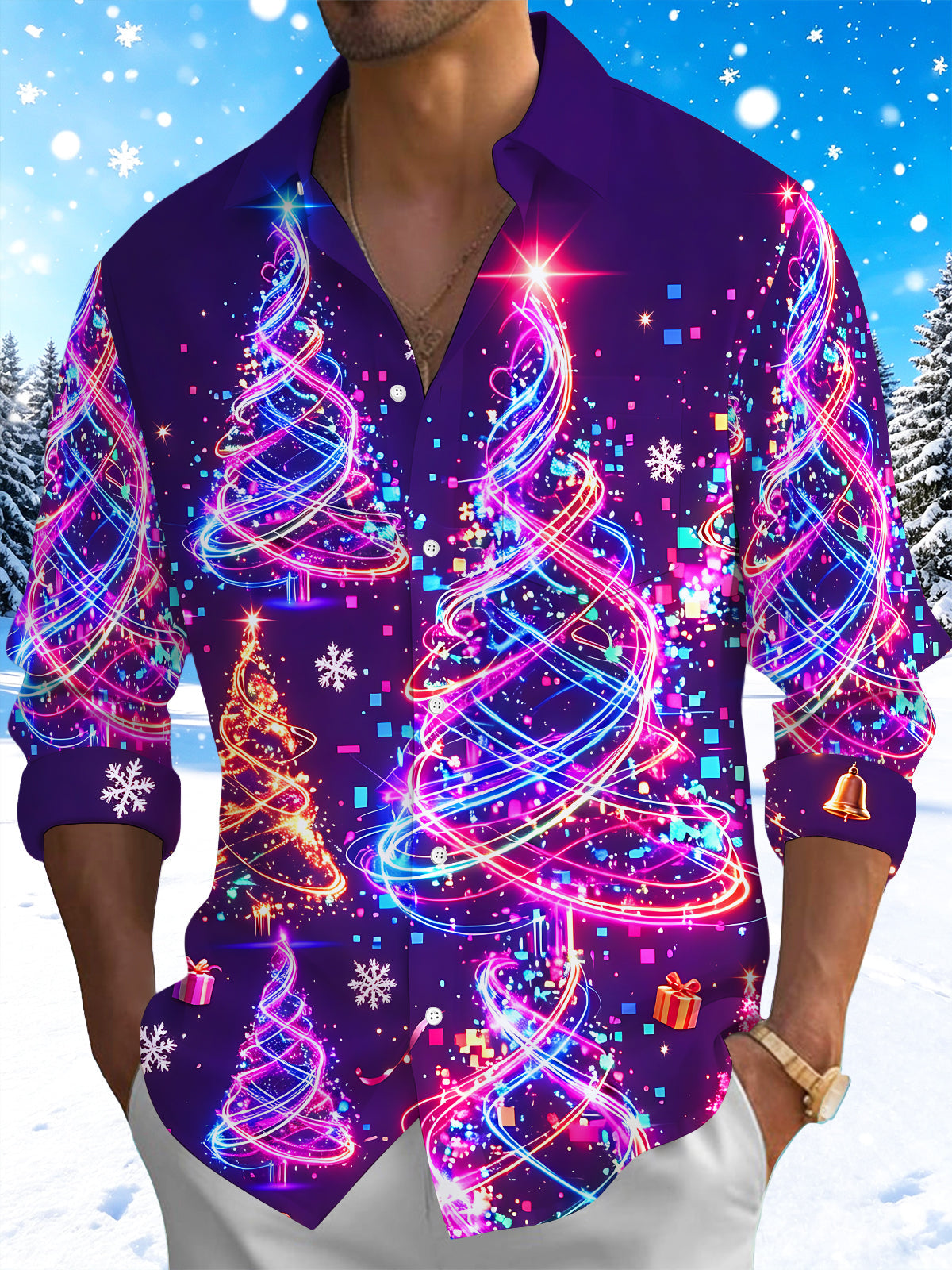 Adaychic Men's Graphic Neon Light Christmas Trees Print Long Sleeve Shirt with Chest Pocket