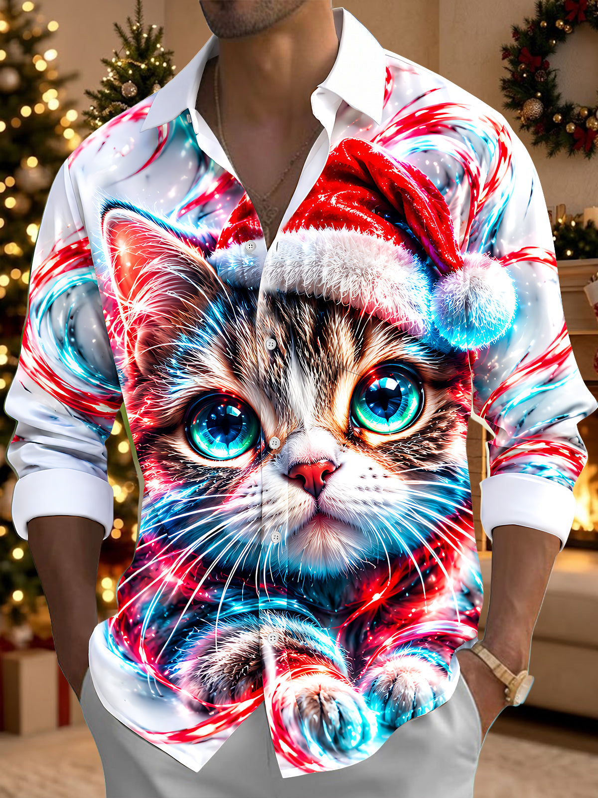 Adaychic Men's Graphic Cat Wearing Santa Hat Print Long Sleeve Shirt
