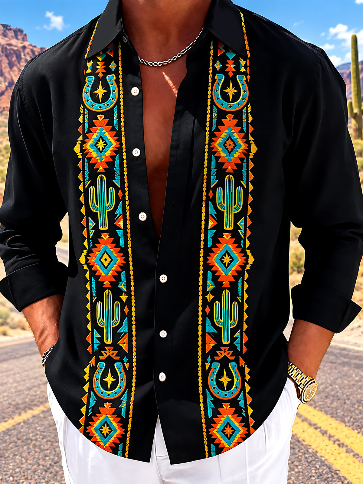 Adaychic Men's Cactus And Geometric Western Patterns Print Long Sleeve Shirt with Chest Pocket