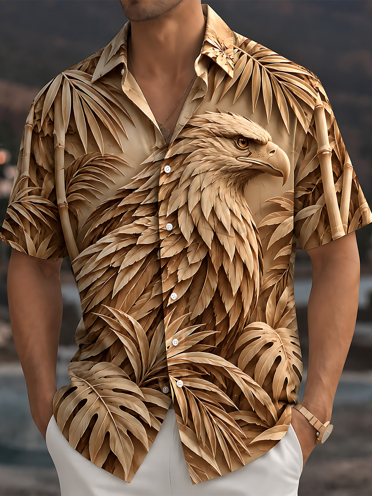 Adaychic Men's Hawaiian Eagle Head Print Palm Leaves Print Short Sleeve Shirt with Chest Pocket
