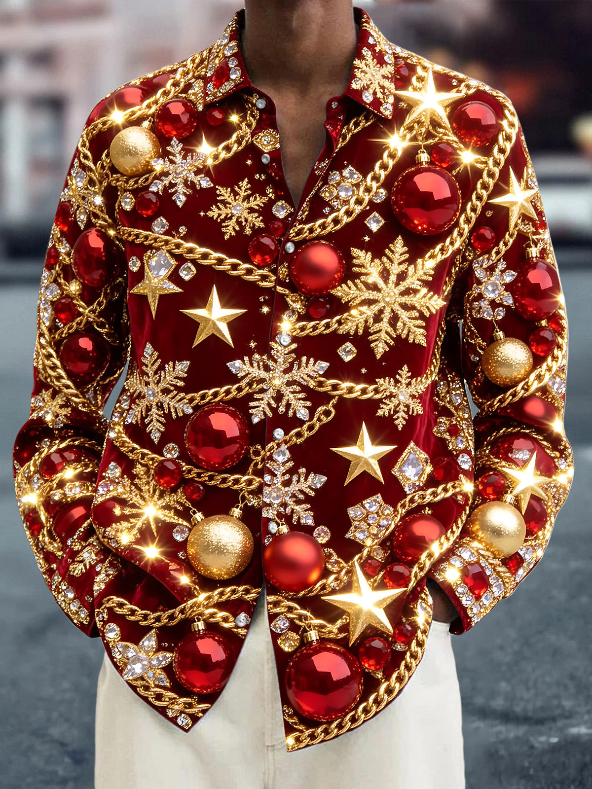 Adaychic Men's Christmas Ornaments And Snowflakes Print Long Sleeve Shirt with Chest Pocket