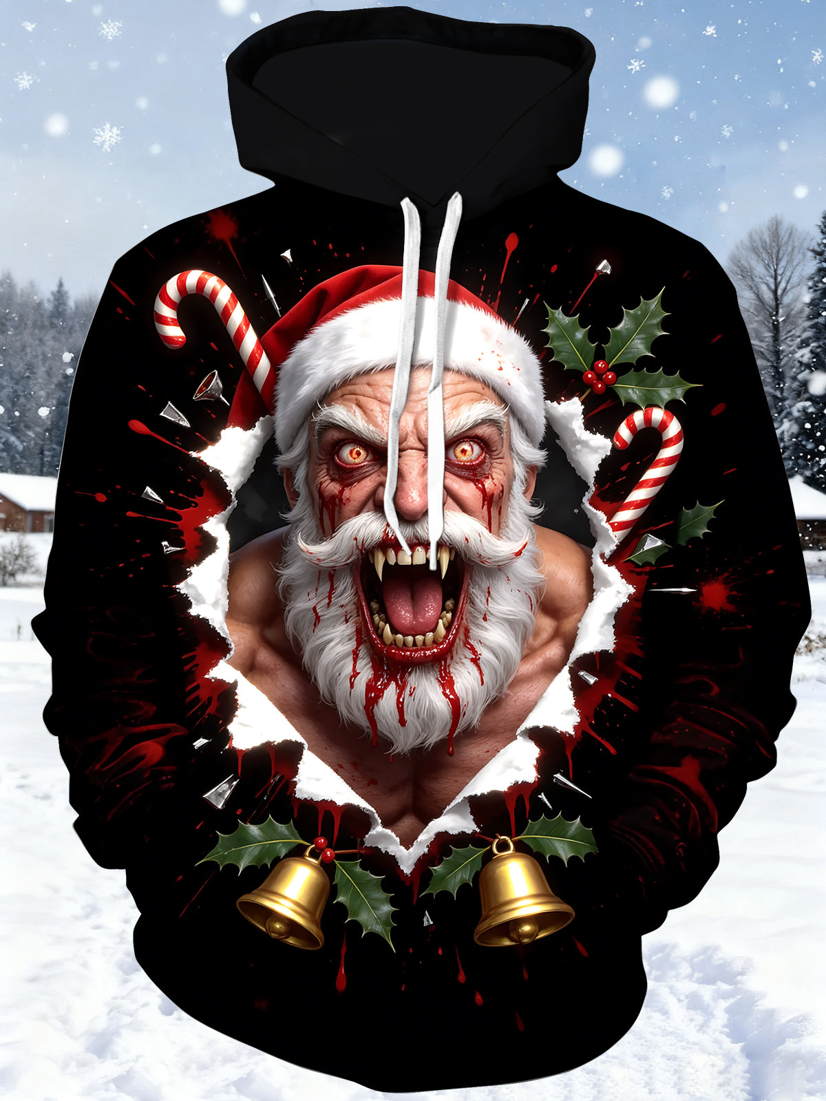 Adaychic Men's Evil Santa Claus With Fangs And Blood Print Long Sleeve Hoodie