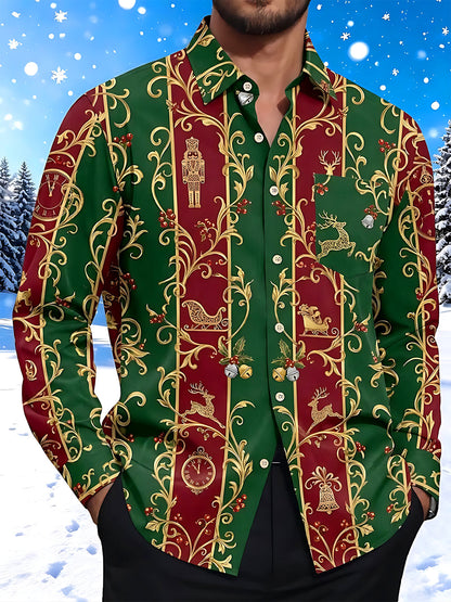 Adaychic Men's Long Sleeve Shirt - Christmas Nutcracker Reindeer Sleigh And Clock Motif Print with Chest Pocket