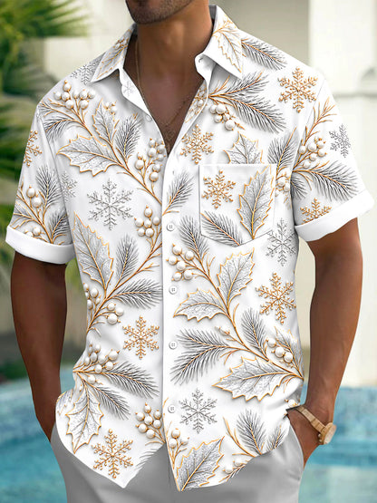 Adaychic Men's Winter Snowflakes And Winter Leaves Print Short Sleeve Shirt with Chest Pocket