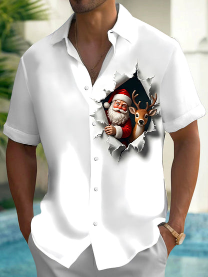 Adaychic Men's Graphic Santa Claus And Reindeer Print Short Sleeve Shirt with Chest Pocket