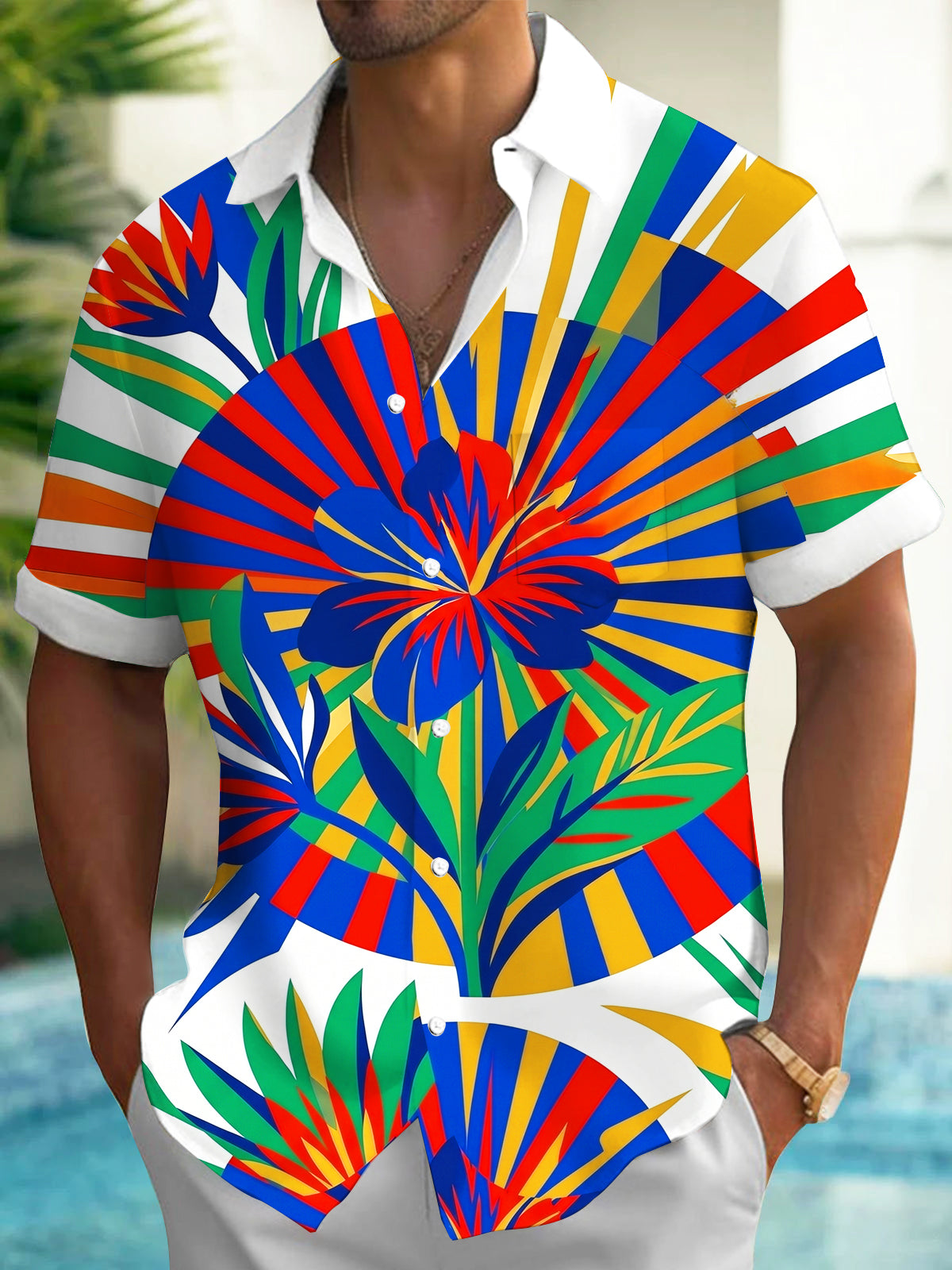 Adaychic Men's Short Sleeve Shirt - Tropical Hibiscus And Geometric Sunburst Print with Chest Pocket