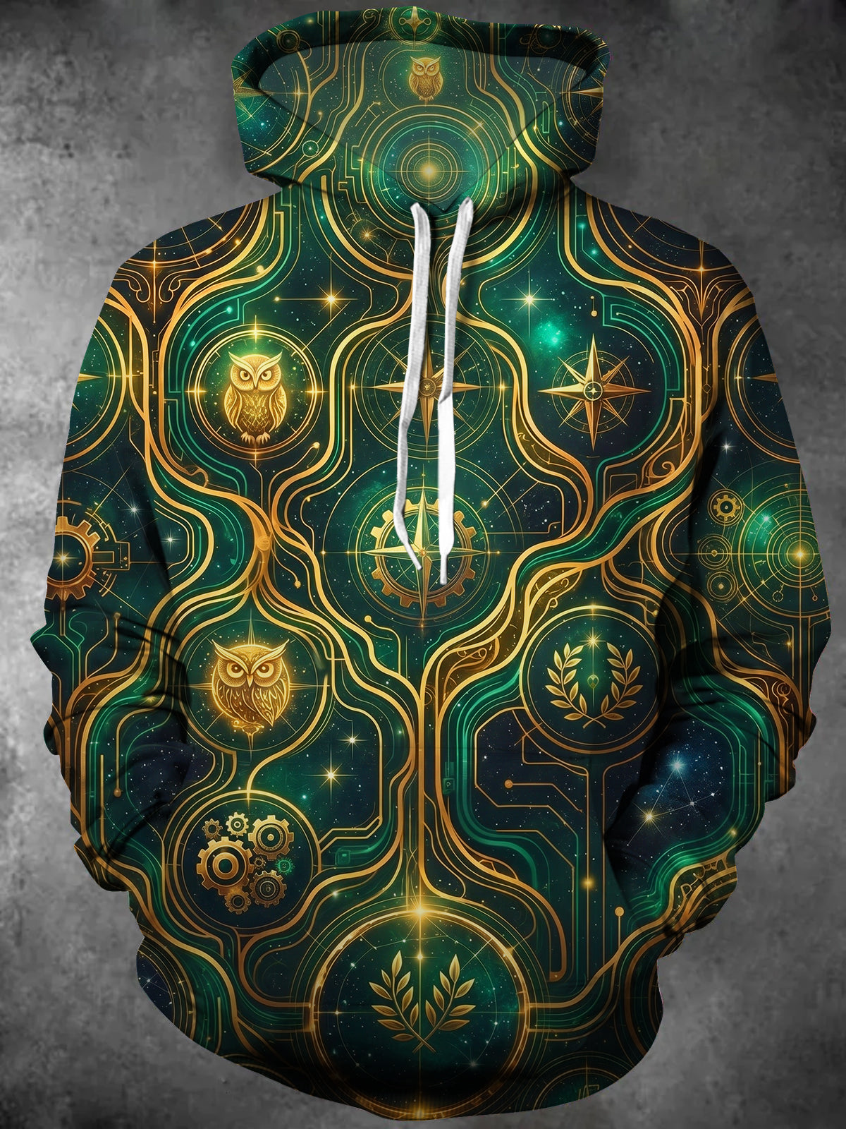 Adaychic Men's Owl And Star Map With Mechanical Gears Print Long Sleeve Hoodie