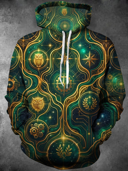 Adaychic Men's Owl And Star Map With Mechanical Gears Print Long Sleeve Hoodie