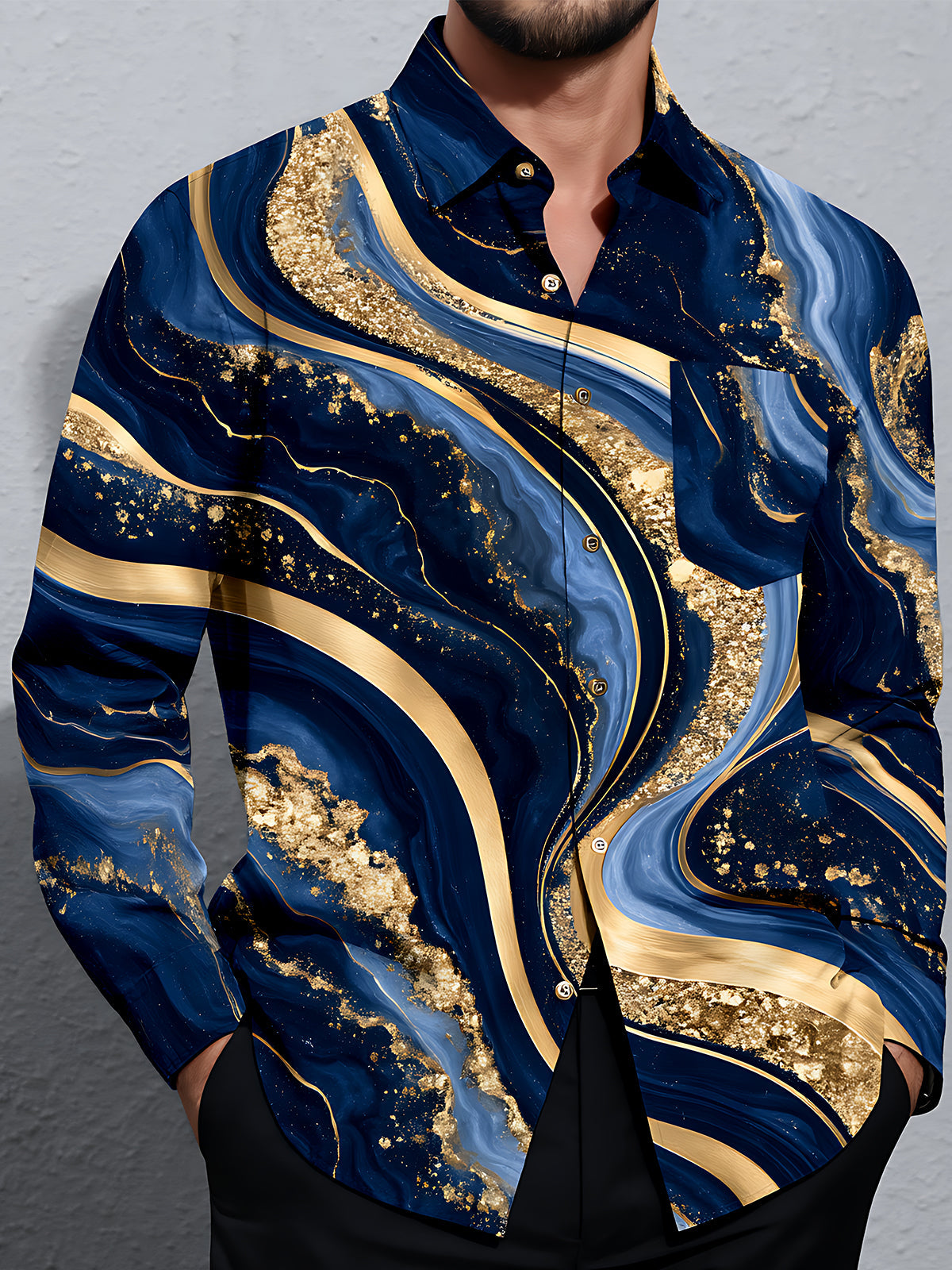 Adaychic Men's Abstract Gold And Blue Marble Waves Print Long Sleeve Shirt with Chest Pocket