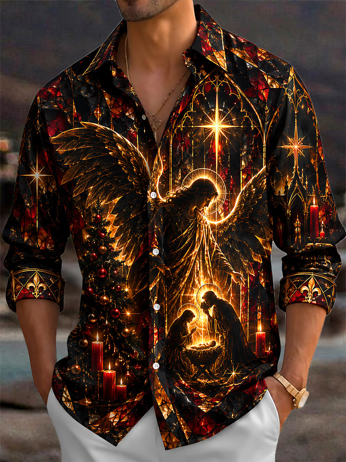 Adaychic Men's Stained Glass Nativity Scene With Angel Print Long Sleeve Shirt with Chest Pocket