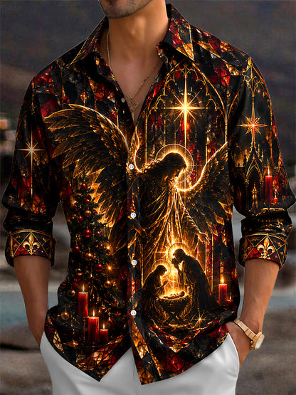 Adaychic Men's Stained Glass Nativity Scene With Angel Print Long Sleeve Shirt with Chest Pocket