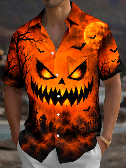 Adaychic Men's Short Sleeve Shirt - Halloween Scary Pumpkin Face With Bats And Full Moon Print with Chest Pocket