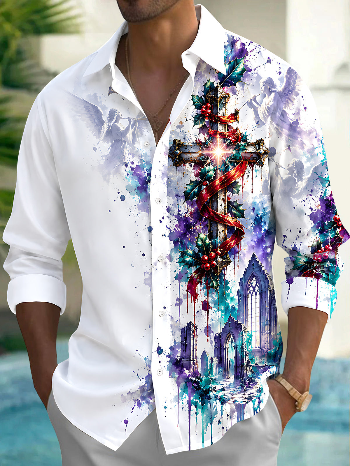 Adaychic Men's Graphic Christmas Cross And Angels Print Long Sleeve Shirt