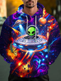 Adaychic Men's Graphic Alien In Spacesuit And UFO Print Long Sleeve Hoodie