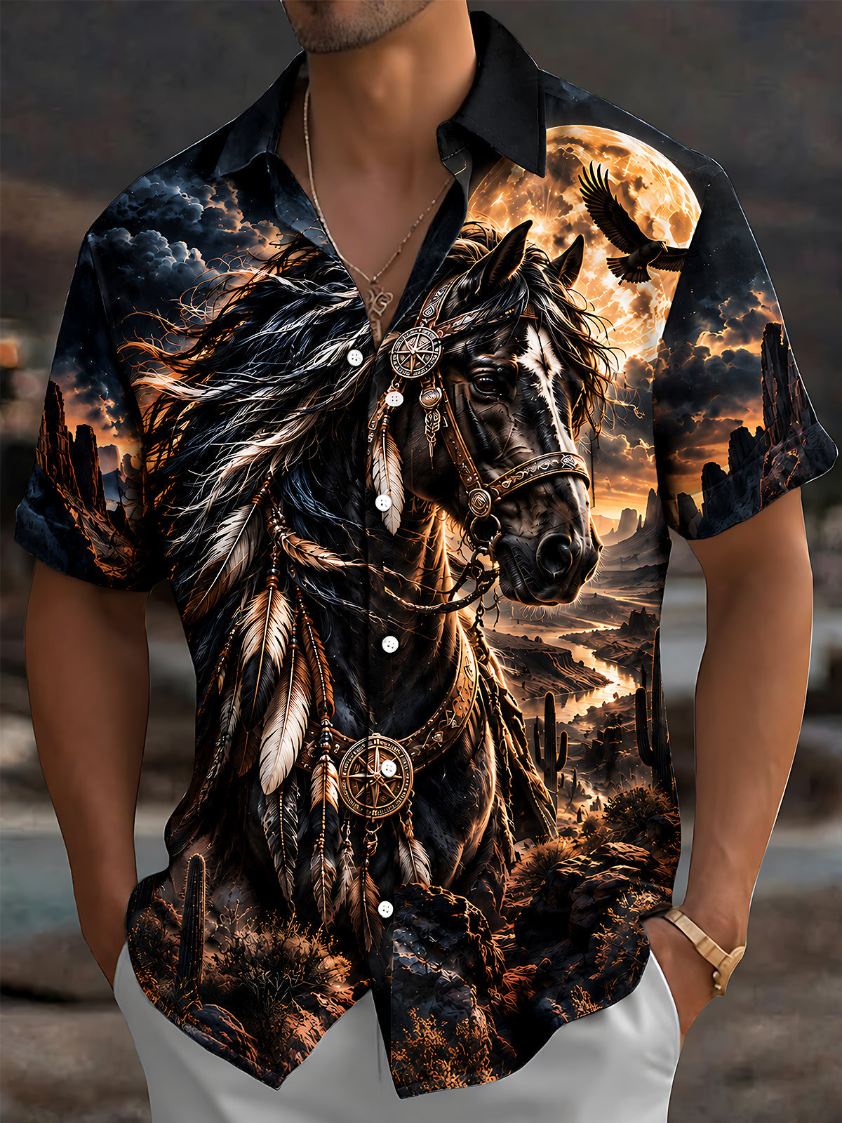 Adaychic Men's Printed Horse Portrait Print Short Sleeve Shirt with Chest Pocket