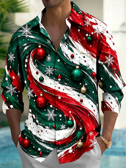 Adaychic Men's Long Sleeve Shirt - Abstract Swirls With Christmas Ornaments And Snowflakes Print with Chest Pocket