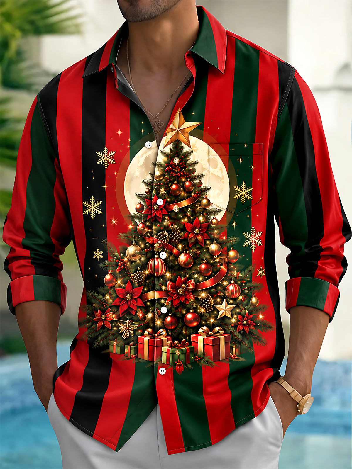 Adaychic Men's Christmas Tree With Ornaments And Gifts Print Long Sleeve Shirt with Chest Pocket