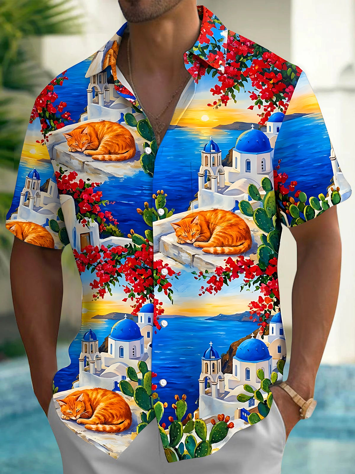 Adaychic Men's Hawaiian Santorini Scenery Print Short Sleeve Shirt with Chest Pocket