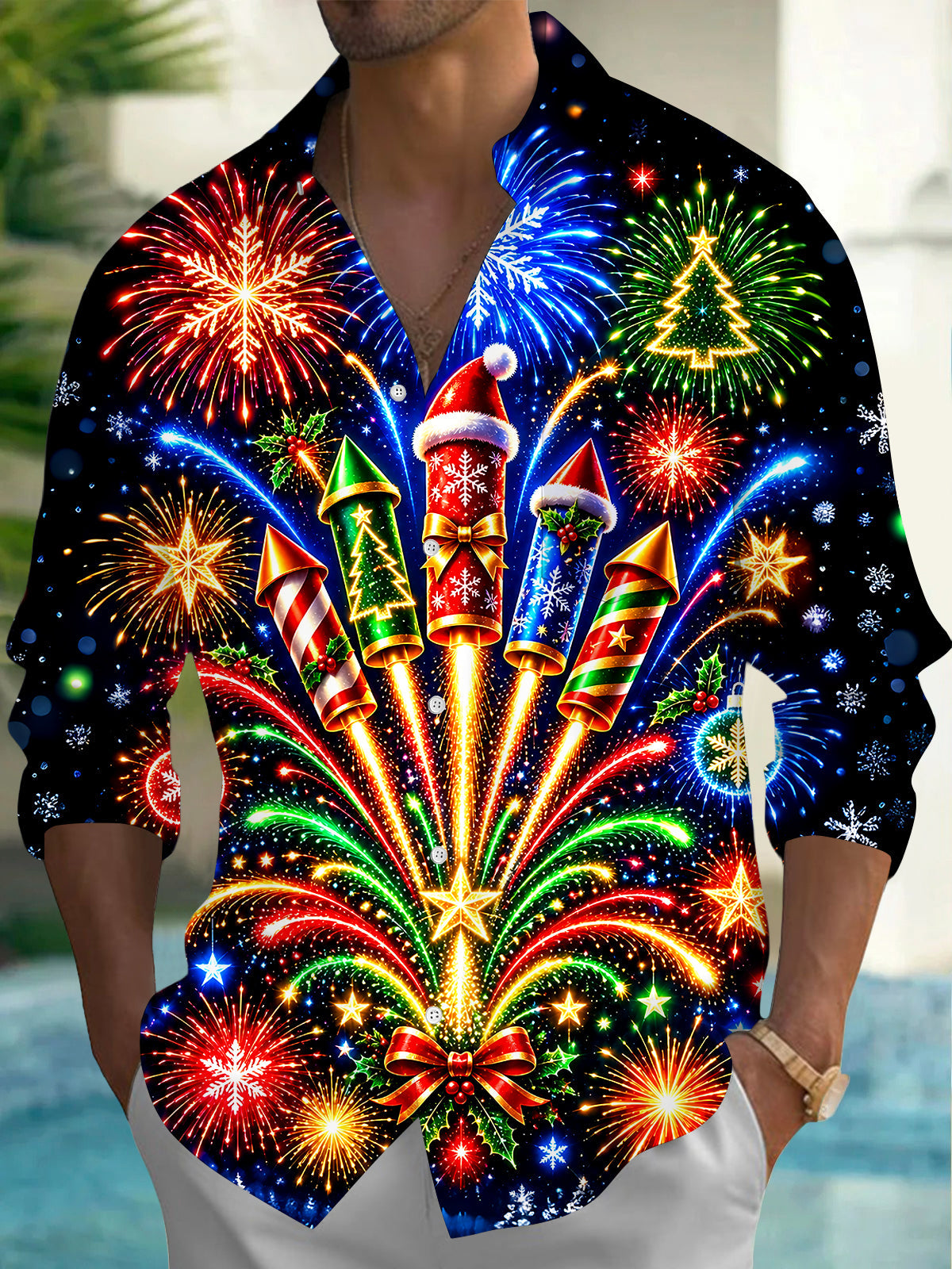 Adaychic Men's Long Sleeve Shirt - Christmas Fireworks Rockets And Ornaments Print with Chest Pocket