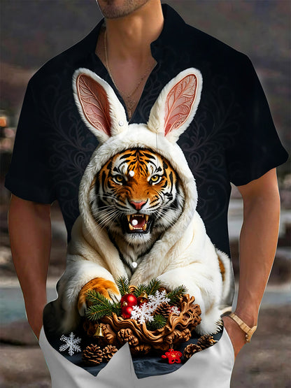 Adaychic Men's Short Sleeve Shirt - Christmas Ornaments And Pine Cones Print Tiger In Bunny Costume Print with Chest Pocket
