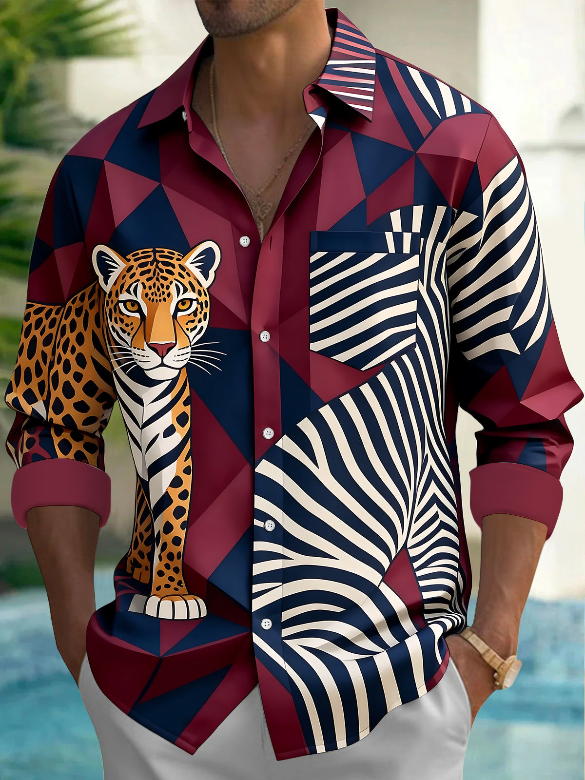 Adaychic Men's Graphic Leopard and Zebra Stripes Print Long Sleeve Shirt with Chest Pocket