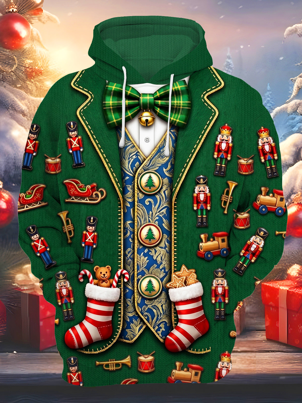 Adaychic Men's Graphic Christmas Stockings And Sleigh Print Long Sleeve Hoodie