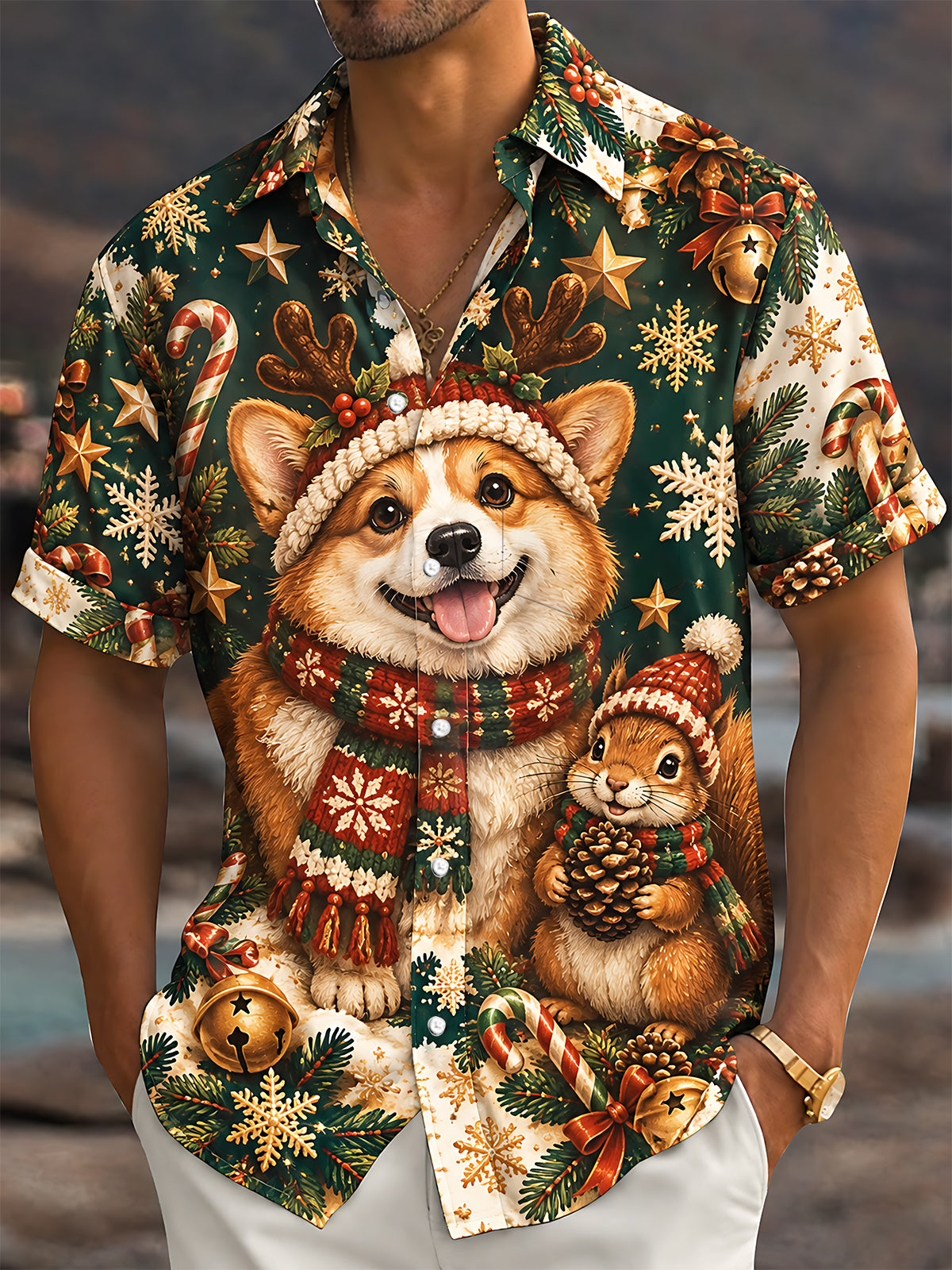 Adaychic Men's Hawaiian Christmas Corgi And Squirrel Print Short Sleeve Shirt