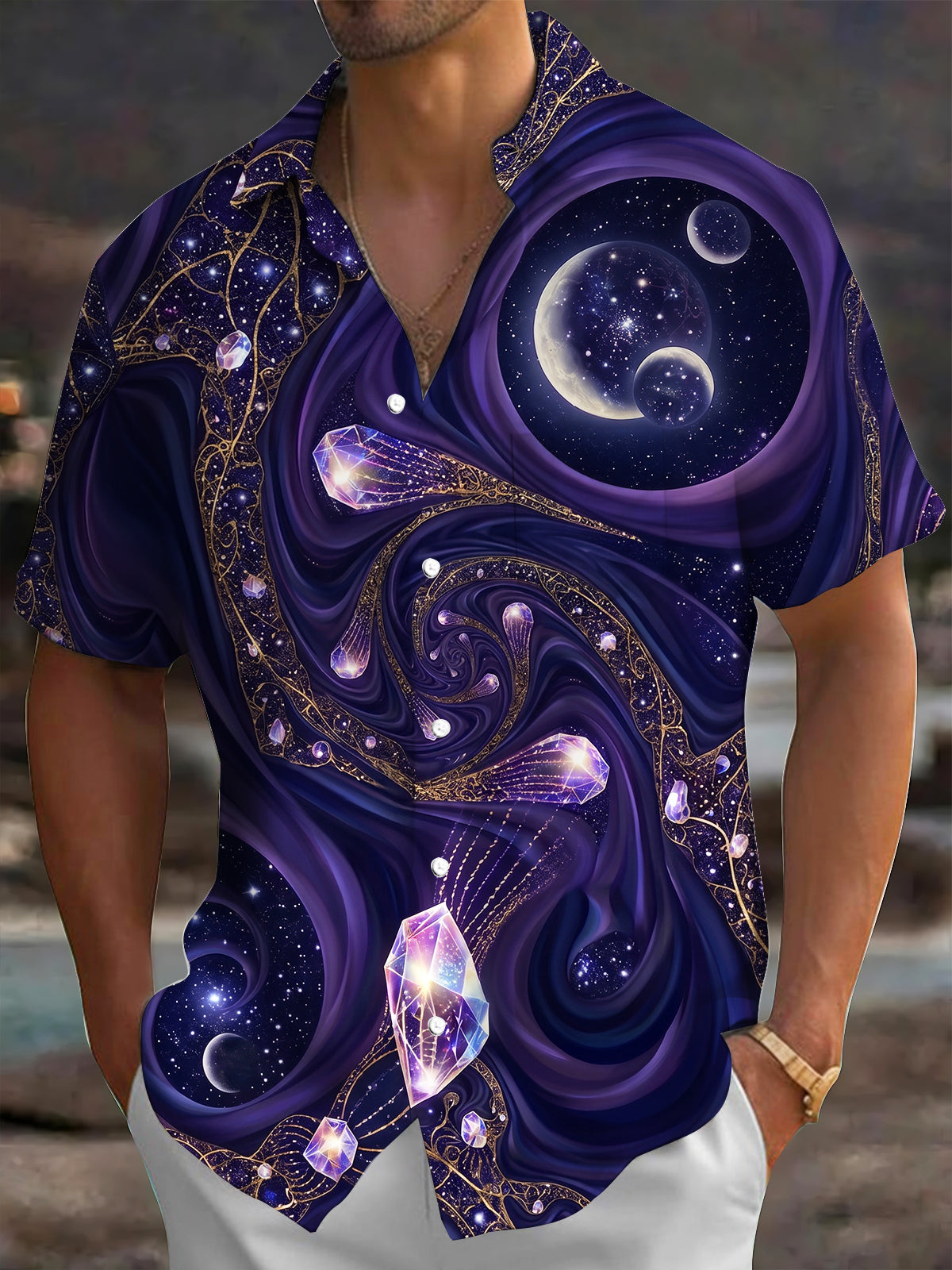 Adaychic Men's Hawaiian Crystal Gems And Space Planets Print Short Sleeve Shirt with Chest Pocket