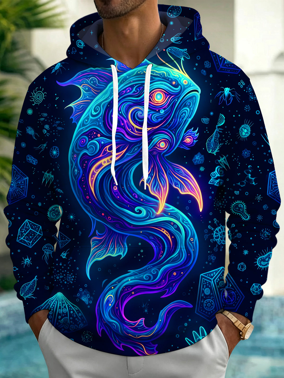 Adaychic Men's Psychedelic Deep Sea Spirit Fish Print Long Sleeve Hoodie