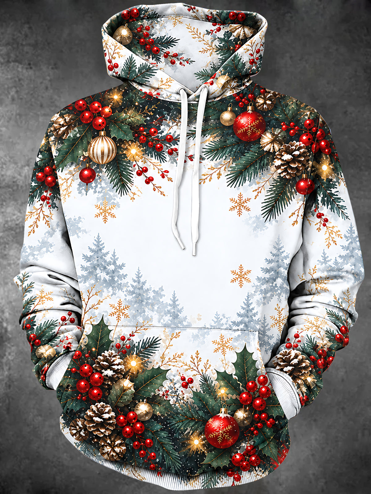 Adaychic Men's Christmas Ornaments And Pine Cones Print Long Sleeve Hoodie